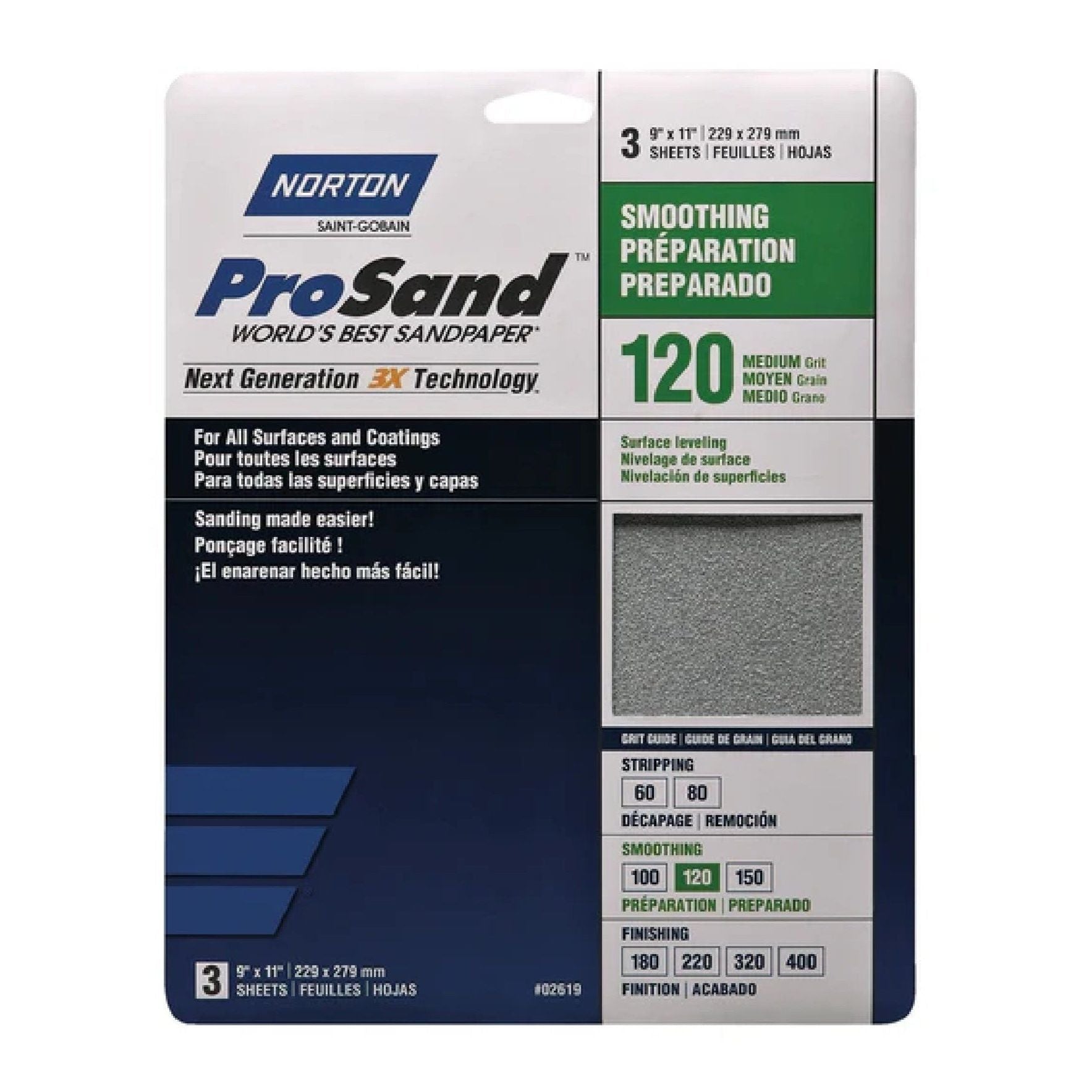 The NORTON 02619 ProSand 3-pack of 9 x 11 medium sanding sheets at 120 grit, praised for its 3X technology, is ideal for multiple surfaces and coatings. It includes text in English, French, and Spanish.
